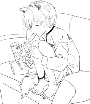 1boy androgynous animal_ears anklet bag_of_chips bare_shoulders barefoot blush choker closed_mouth commentary_request couch eating facing_to_the_side food food_in_mouth fox_boy fox_boy_(sunaba_(nczd5875)) fox_ears fox_tail from_side full_body holding holding_food holding_ice_cream ice_cream jewelry knees_to_chest long_sleeves male_focus monochrome on_couch original partial_commentary shirt short_hair simple_background sitting sketch solo sunaba_(nczd5875) tail toes white_background
