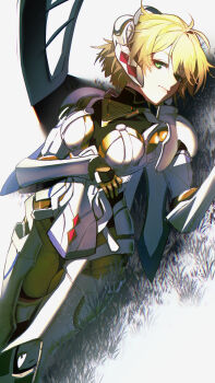 1girl absurdres ahoge armor blonde_hair fiora_(xenoblade) green_eyes hair_between_eyes headgear highres looking_at_viewer lying madou_zakura mecha-fiora on_back on_grass shadow short_hair smile solo xenoblade_chronicles_(series) xenoblade_chronicles_1