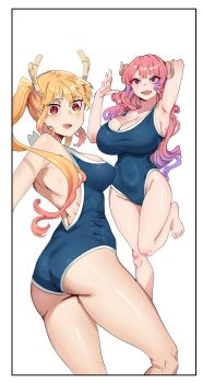 2girls absurdres armpits ass black_border blue_one-piece_swimsuit border breasts cleavage collarbone colored_tips commentary competition_school_swimsuit covered_navel curled_horns dragon_girl dragon_horns firstdayiyui hands_up highleg highleg_one-piece_swimsuit highres horns huge_breasts ilulu_(maidragon) kobayashi-san_chi_no_maidragon long_hair looking_at_viewer multicolored_hair multiple_girls one-piece_swimsuit open_mouth orange_eyes red_eyes school_swimsuit sharp_teeth shoulder_blades simple_background smile standing standing_on_one_leg swimsuit teeth thighs tohru_(maidragon) twintails white_background