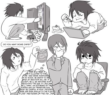 2boys baggy_pants cake cake_slice computer death_note deformed eating food fork greyscale highres holding holding_fork homunculus100 l_(death_note) male_focus monochrome multiple_boys pants shirt speech_bubble squatting thought_bubble toes yagami_light