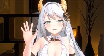 1girl 3d black_choker black_ribbon blue_eyes blush braid breasts choker cleavage commentary_request dress frilled_dress frills gradient_eyes hand_up highres horns iana_ignosis iana_vlup indie_virtual_youtuber korean_commentary large_breasts long_hair looking_at_viewer multicolored_eyes open_hand open_mouth ribbon smile upper_body v-lup waving white_dress white_hair yellow_eyes