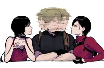 Rule 34 | 1boy, 2girls, ada wong, bare shoulders, black choker, black gloves, black hair, black shirt, blonde hair, breasts, chest harness, choker, clone, crossed arms, derivative work, dress, gloves, harness, highres, leon s. kennedy, looking at another, medium breasts, motion lines, multiple girls, nuboo2836, own hands together, red dress, resident evil, resident evil 2, resident evil 4, shirt, short hair, sweater, third-party edit, time paradox, turtleneck, turtleneck sweater, upper body, white background