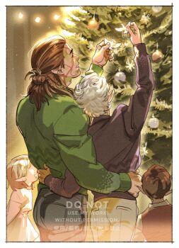 Rule 34 | 1girl, 3boys, astarion, from behind, baldur's gate, baldur's gate 3, black pants, black sweater, brown hair, brown pants, christmas, christmas ornaments, denim, dungeons & dragons, green sweater, hair bun, halsin, holding, jeans, long hair, looking up, male focus, multiple boys, pants, pointy ears, sweater, swept bangs, tatsumi (psmhbpiuczn), watermark, white hair, yaoi