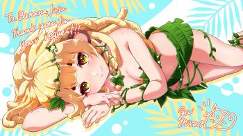 Rule 34 | 1girl, absurdres, animal ears, bananajuju, bikini, blonde hair, brown eyes, english text, highres, indie virtual youtuber, leaf bikini, long hair, looking at viewer, lying, monkey ears, monkey girl, on side, plant clothing, signature, smile, solo, swimsuit, virtual youtuber, yui mirano