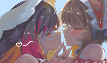 2girls bare_shoulders black_hair blue_background blush brown_hair closed_eyes closed_mouth columbina_(genshin_impact) commentary genshin_impact heart highres holding_hands kitsunetenma multiple_girls purple_streaks sandrone_(genshin_impact) smile yuri