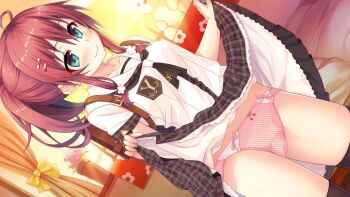 Rule 34 | 1girl, backpack, bag, black thighhighs, blush, bottomless, clothes lift, cura, flat (company), holding, indoors, lifting own clothes, long hair, maitetsu, migita hibiki, panties, ponytail, randoseru, red hair, school uniform, skirt, skirt lift, solo, standing, thighhighs, aqua eyes, underwear