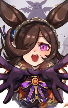 Rule 34 | 1girl, ?, absurdres, amamoru 21, animal ears, bat wings, blush, bow, brown hair, commentary request, fangs, flipped hair, frilled hairband, frills, from above, gloves, hair over one eye, hairband, halloween costume, highres, horse ears, horse girl, long hair, looking at viewer, official alternate costume, open mouth, puffy sleeves, purple eyes, purple gloves, purple wings, reaching, reaching towards viewer, rice shower (umamusume), rice shower (vampire makeover!) (umamusume), sharp teeth, shirt, short sleeves, skirt, solo, teeth, umamusume, upper teeth only, white shirt, wings