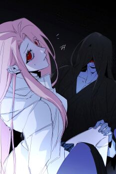 Rule 34 | absurdres, bbabbamis2, black background, black hair, black kimono, blood, blood on face, blush, commentary request, flying sweatdrops, hetero, highres, homicipher, hood, hood down, japanese clothes, kimono, korean commentary, long hair, looking at viewer, looking back, mr. crawling, pink hair, raincoat, red eyes, ringed eyes, simple background, sitting, sitting on person, skirt, very long hair, white raincoat