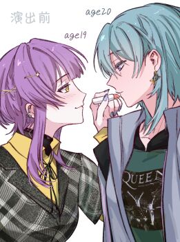 2girls applying_another&#039;s_makeup applying_makeup bang_dream! bang_dream!_it&#039;s_mygo!!!!! black_ribbon black_shirt blue_eyes blue_hair blue_nails blush character_age chinese_commentary chinese_text commentary_request hero45439083942 highres linked_piercing medium_hair multiple_girls nail_polish neck_ribbon original piercing purple_hair queen_(band) ribbon shirt takamatsu_shizuku translation_request wakaba_muna yellow_eyes yellow_shirt