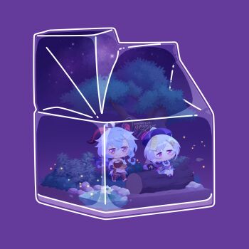 2girls ahoge blue_hair bowl chibi chibi_only chinese_clothes drink_carton fireflies ganyu_(genshin_impact) genshin_impact grey_hair hat highres horns kinokorin milk_carton multiple_girls ofuda ofuda_on_head on_log pond purple_background purple_eyes purple_hat qiqi_(genshin_impact) short_hair sitting yin_yang