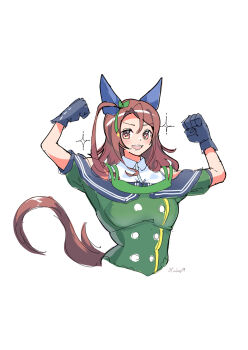 1girl animal_ears bare_shoulders black_gloves blush bow breasts brown_hair dress ear_bow ear_covers ear_ribbon flexing gloves green_bow green_dress hair_between_eyes highres hinokey_(hinokey0126) horse_ears horse_girl horse_tail king_halo_(king_of_emeralds)_(umamusume) king_halo_(umamusume) long_hair looking_at_viewer off-shoulder_dress off_shoulder open_mouth red_eyes smile solo star_(symbol) tail umamusume upper_body