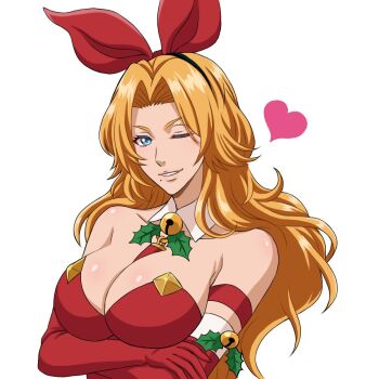 1girl b_eaka bleach blonde_hair blue_eyes breasts cleavage large_breasts long_hair matsumoto_rangiku mole mole_under_mouth one_eye_closed smile solo