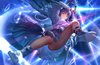 1girl absurdres animal_ear_fluff animal_ears aqua_jacket ass black_gloves black_hair black_necktie black_pantyhose black_skirt blue_background breasts closed_mouth commentary_request fingerless_gloves fox_ears fox_girl from_below gauntlets gloves high_heels highres hitpig holding holding_sword holding_weapon hoshimi_miyabi ice jacket katana long_hair looking_at_viewer necktie pantyhose red_eyes sheath shirt sidelocks single_fingerless_glove single_gauntlet skirt solo sword thighs unsheathing weapon white_shirt zenless_zone_zero