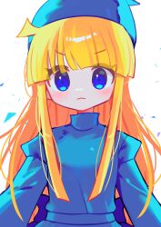 Rule 34 | 1girl, absurdres, blonde hair, blue eyes, blunt bangs, blush, closed mouth, highres, long hair, looking at viewer, offbeat, puyopuyo, simple background, solo, upper body, white background, witch (puyopuyo)