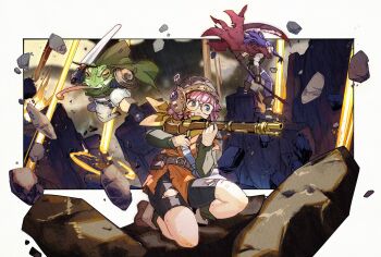 1girl 2boys blue_eyes boots brown_boots cape chrono_trigger colored_sclera frog_(chrono_trigger) frog_boy glasses gloves green_cape green_shirt gun highres holding holding_gun holding_shield holding_sword holding_weapon long_hair lucca_ashtear magus_(chrono_trigger) medium_hair multiple_boys narita_imomushi on_one_knee orange_tunic pants purple_hair red_cape rock rubble shield shirt sword tongue tongue_out torn_clothes torn_pants tunic weapon white_pants yellow_sclera