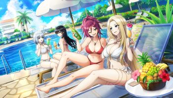 4girls alcohol alpha_(kagejitsu) artist_collaboration beer beta_(kagejitsu) bikini black_bodysuit blonde_hair blue_bikini blue_eyes bodysuit braid breasts cleavage closed_mouth cross cross_earrings crossed_bangs cup day dolphin_wave drinking_glass earrings elf fruit_basket game_asset grey_eyes hagane_otsuki highres holding holding_ice_cream_cone ice_cream_cone jewelry kage_no_jitsuryokusha_ni_naritakute! kurenashi_yuuri large_breasts long_bangs long_hair looking_at_another medium_hair mole mole_under_eye multiple_girls navel non-web_source one_eye_closed ootomo_takuji open_mouth outdoors pointy_ears pool poolside purple_hair red_bikini self-datamine sharp_teeth side_braids single_bang sitting skindentation small_breasts smile swimsuit teeth very_long_hair white_bikini