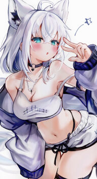 1girl ahoge animal_ear_fluff animal_ears aqua_eyes black_choker blush breasts camisole chain chain_necklace choker cleavage collarbone commentary_request fox_ears fox_girl highres hololive jacket jewelry long_hair long_sleeves looking_at_viewer navel necklace open_mouth rachip shirakami_fubuki short_shorts shorts simple_background solo stomach virtual_youtuber white_background white_camisole white_hair white_jacket white_shorts
