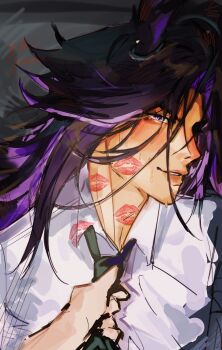 1girl 1other androgynous animal_ears artist_name black_necktie blush clothes_grab collared_shirt commentary dress_shirt ears_through_headwear english_commentary fenomeno_(umamusume) half-closed_eye hat highres horse_ears light_smile lips lipstick_mark lipstick_mark_on_face lipstick_mark_on_neck long_hair looking_at_viewer necktie necktie_grab neckwear_grab nose_blush parted_lips peaked_cap pov pov_hands purple_eyes purple_hair shirt sideways_glance sketch solo_focus sweat umamusume upper_body white_shirt wing_collar yol_yoola