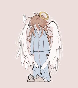 1boy androgynous angel angel_devil_(chainsaw_man) angel_wings animal_slippers blue_pajamas blue_pants blue_shirt buttons chainsaw_man closed_eyes collared_shirt hair_between_eyes halo highres long_hair long_sleeves male_focus pajamas pants pochita_(chainsaw_man) red_hair shirt simple_background sleeves_past_wrists slippers solo speech_bubble standing tenten11_twt white_wings wings yellow_halo