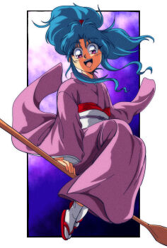1980s_(style) 1girl aqua_hair border botan_(yu_yu_hakusho) commentary full_body highres japanese_clothes kimono long_hair looking_at_viewer oldschool open_mouth outside_border paddle pink_kimono potiri02 retro_artstyle sandals socks solo tabi white_border white_socks yuu_yuu_hakusho zouri