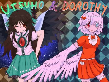 2girls arms_behind_back black_wings brown_eyes brown_hair checkered_background eyepatch gradient_background green_skirt haronashi harpy highres monster_girl multiple_girls orange_shirt orange_skirt original red_eyes reiuji_utsuho shirt skirt touhou white_hair white_wings winged_arms wings