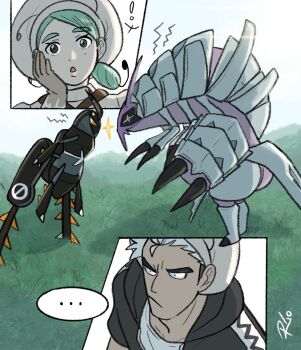 ! ... 1boy 1girl black_hair face-to-face gen_7_pokemon golisopod grass green_hair guzma_(pokemon) hat highres katy_(pokemon) lokix mole mole_under_eye multicolored_hair nintendo pokemon pokemon_(creature) pokemon_sm pokemon_sv riodrawsstuff signature team_skull two-tone_hair white_hair