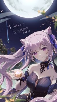 1girl 7mo_(nanakami) absurdres bare_shoulders black_bow black_choker black_dress blue_hairband blush bow breasts chinese_commentary choker cleavage cleavage_cutout clothing_cutout collarbone commentary_request double_bun dress genshin_impact hair_bun hair_ears hairband highres keqing_(genshin_impact) keqing_(opulent_splendor)_(genshin_impact) leaf long_hair medium_breasts moon mooncake night outdoors pearl_hair_ornament purple_eyes purple_hair sky smile solo star_(sky) starry_sky statue_of_the_seven strapless strapless_dress tree twintails upper_body