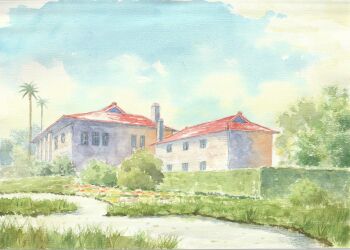 blue_sky building bush commentary_request day grass no_humans original outdoors painting_(medium) palm_tree paruperu path real_world_location road scenery sky traditional_media tree watercolor_(medium) yokohama