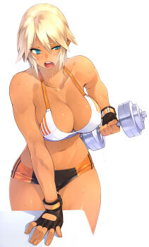 1girl 23_(real_xxiii) aqua_eyes bare_shoulders blonde_hair blue_eyes breasts breath cleavage covered_erect_nipples curvy dark-skinned_female dark_skin dumbbell exercising female_focus fingerless_gloves gloves highres large_breasts lips midriff muscular muscular_female navel open_mouth original sela_(23) short_hair short_shorts shorts solo sweat tan thigh_gap thighs toned uneven_eyes weightlifting