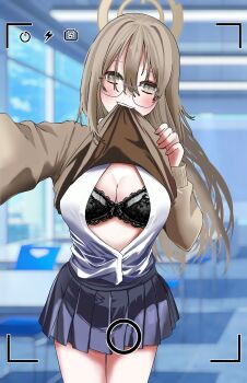 1girl absurdres akane_(blue_archive) akane_(school_uniform)_(blue_archive) black_bra blue_archive blurry blurry_background bra breasts brown_cardigan brown_hair brown_halo cardigan cardigan_lift cleavage fake_phone_screenshot fake_screenshot glasses halo highres indoors lace lace-trimmed_bra lace_trim long_hair looking_at_viewer mouth_hold official_alternate_costume outstretched_arm panpen partially_unbuttoned pleated_skirt school_uniform skirt smile solo underwear user_interface viewfinder