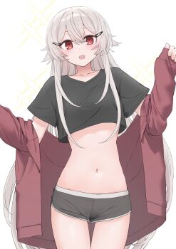 Rule 34 | 1girl, :d, absurdres, black shirt, blush, brown jacket, crop top, grey hair, grey shorts, hair between eyes, hair flaps, hair ornament, hairclip, highres, jacket, kawama shuusuke, long hair, long sleeves, looking at viewer, navel, open clothes, open jacket, open mouth, original, pinching sleeves, puffy long sleeves, puffy sleeves, red eyes, shirt, short shorts, shorts, simple background, sleeves past wrists, smile, solo, sparkle background, very long hair, white background