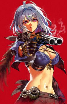 1girl absurdres ahoge aiming aiming_at_viewer black_shorts blue_bra bra breasts closed_mouth commentary cowboy_shot elocca english_commentary galbrena_(wuthering_waves) grey_hair gun hair_intakes highres holding holding_gun holding_weapon looking_at_viewer medium_breasts mole mole_on_neck navel purple_eyes red_background shorts smoke smoking_barrel solo stomach underwear weapon wuthering_waves