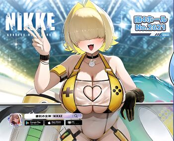 1girl absurdres ahoge black_choker black_gloves blonde_hair blush breasts choker clothing_cutout elegg_(boom_and_shock)_(nikke) elegg_(nikke) gloves goddess_of_victory:_nikke hair_intakes hair_over_eyes heart_cutout highres large_breasts looking_at_viewer multicolored_hair navel official_alternate_costume official_art open_mouth plump purple_eyes rabbit_choker rabbit_ornament resized see-through_slingshot_swimsuit short_hair single_glove skindentation slingshot_swimsuit solo swimsuit thighs upscaled wide_hips yellow_slingshot_swimsuit