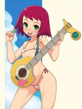 1girl :d bikini breasts collarbone commentary_request green_eyes guitar highres holding holding_guitar holding_instrument holding_plectrum instrument looking_at_viewer mega_man_(series) mega_man_star_force_(series) micro_bikini open_mouth paid_reward_available plectrum red_hair short_hair side-tie_bikini_bottom small_breasts smile solo sonia_strumm_(mega_man) string_bikini stupa13a swimsuit teeth upper_teeth_only variant_set white_bikini