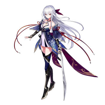 1girl absurdres arm_guards bare_shoulders black_boots black_gloves blue_dress boots borrowed_character breasts cleavage commission crescent crescent_necklace dress full_body gloves high_heel_boots high_heels highres holding holding_sword holding_weapon jewelry layered_dress long_hair medium_breasts mytea_(soso) necklace original pink_eyes simple_background skeb_commission skull_bracelet solo standing sword thigh_boots weapon white_background white_dress white_hair