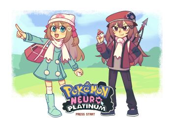 2girls :d alternate_costume bag beanie beret black_pants black_shoes blue_eyes blue_sky blush_stickers boots border brown_hair buttons coat cosplay dawn_(pokemon) dawn_(pokemon)_(cosplay) double-breasted double-parted_bangs evil_neuro-sama fang full_body gen_7_pokemon grass green_boots green_coat grey_shirt hair_between_eyes hair_ornament hair_ribbon hand_in_pocket harpoon harpoon_gun hat heart heart_hair_ornament highres hill holding holding_poke_ball jacket long_sleeves looking_at_viewer luanma96 lucas_(pokemon) lucas_(pokemon)_(cosplay) mimikyu multiple_girls neuro-sama nintendo open_mouth outdoors outstretched_arms pants parody pink_ribbon poke_ball pokemon pokemon_dppt pokemon_platinum red_bag red_eyes red_hat red_jacket red_ribbon ribbon scarf shirt shoes shoulder_bag skin_fang skull_hair_ornament sky smile standing teeth thighhighs title_parody torn_hair_ribbon two_side_up upper_teeth_only v-shaped_eyebrows vedal_ai white_border white_hat white_scarf white_thighhighs