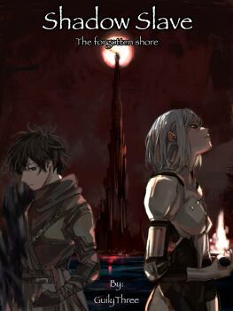 Rule 34 | 1boy, 1girl, arm guards, armor, artist request, black hair, black robe, black tunic, breastplate, clenched hand, commentary, copyright name, cowboy shot, english text, highres, in-universe location, looking to the side, magic, nephis (shadow slave), red sun, robe, shadow slave, short hair, shoulder armor, sidelighting, sidelocks, spire, sunny (shadow slave), tunic, white hair