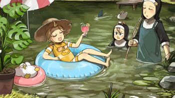 Rule 34 | 3girls, :d, apron, aqua apron, barefoot, bendy straw, bird, blonde hair, brown eyes, brown hair, brown hat, chicken, closed eyes, clumsy nun (diva), commentary, cup, diva (hyxpk), drinking straw, duck, english commentary, fishing rod, frog, frog on head, froggy nun (diva), glass, hat, highres, holding, holding cup, holding fishing rod, innertube, little nuns (diva), messy hair, multiple girls, nun, old-fashioned swimsuit, one-piece swimsuit, open mouth, parasol, partially submerged, pond, rock, shark fin, smile, star nun (diva), star ornament, swim ring, swimsuit, tinted eyewear, traditional nun, umbrella, unworn eyewear, yellow swimsuit