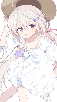 Rule 34 | 1girl, :d, absurdres, ahoge, blonde hair, bow, brown hat, collarbone, commentary request, commission, dress, hair between eyes, hair bow, hand on headwear, hat, highres, hokenshitsu no sensei to shabondama chuudoku no joshu, jewelry, long hair, long sleeves, looking at viewer, low twintails, necklace, open mouth, pink bow, pink eyes, purple bow, shirobana, skeb commission, smile, solo, sun hat, twintails, urotsuki (ku9625), very long hair, white background, white dress