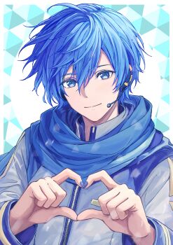 Rule 34 | 1boy, absurdres, blue eyes, blue hair, blue nails, blue scarf, border, closed mouth, coat, commentary request, double-parted bangs, four-finger heart hands, hair between eyes, headset, heart, heart hands, highres, kaito (vocaloid), long sleeves, male focus, nail polish, no renor en, scarf, short hair, sleeve cuffs, smile, solo, upper body, vocaloid, white border, white coat