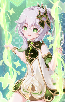 1girl absurdres bare_shoulders blush bracelet commentary detached_sleeves dress genshin_impact gradient_hair green_eyes green_hair green_sleeves hair_between_eyes highres jewelry jung_6unf long_hair looking_at_viewer multicolored_hair nahida_(genshin_impact) on_swing open_mouth pointy_ears side_ponytail sitting sleeveless sleeveless_dress solo star-shaped_pupils star_(symbol) swing symbol-shaped_pupils teeth upper_teeth_only white_dress white_hair