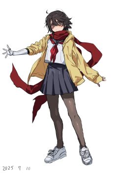 Rule 34 | 1girl, brown hair, brown jacket, dated, gloves, highres, jacket, long sleeves, looking at viewer, neckerchief, open clothes, open jacket, pantyhose, pleated skirt, red neckerchief, sailor collar, school uniform, serafuku, shirt, shoes, short hair, shy (character), shy (series), simple background, skirt, solo, takatisakana, white background, white shirt