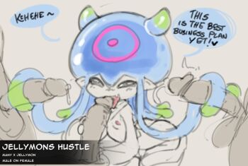 1girl 3boys digimon digimon_(creature) fellatio jellyfish_girl jellymon monster_girl multiple_boys oral polygonheart tentacle_hair tentacles