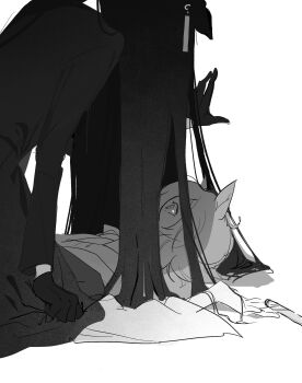 Rule 34 | 2girls, agnes tachyon (umamusume), animal ears, arm up, coat, coffeeseal, commentary request, ear tag, earrings, eurasian eagle owl, gloves, greyscale, hair spread out, hand on wall, highres, holding, holding test tube, horse ears, horse girl, jewelry, korean commentary, long hair, long sleeves, looking at another, manhattan cafe (umamusume), monochrome, multiple girls, simple background, single earring, test tube, umamusume, very long hair, white background, wide sleeves, yukadon, yuri