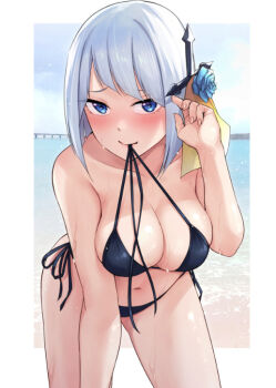 Rule 34 | 1girl, beach, bent over, bikini, black bikini, blue eyes, blue flower, blue hair, blue rose, blue sky, blush, bob cut, breasts, cleavage, cross hair ornament, flower, hair flower, hair ornament, hand on own thigh, hand up, hiiragi seraphy, honey trap shared house, image sample, kouzuki kouichi, medium breasts, navel, ocean, official art, open clothes, raised inner eyebrows, rose, side-tie bikini bottom, simple background, sky, solo, string bikini, string in mouth, swimsuit, third-party source, untied bikini, untied bikini top, wet