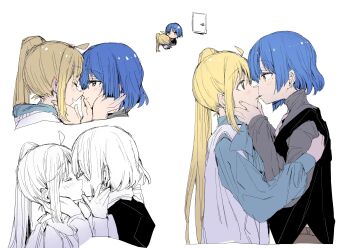 2girls absurdres ahoge black_vest blonde_hair blue_hair blue_shirt blush bocchi_the_rock! commentary_request earrings eye_contact grey_shirt hand_on_another&#039;s_face highres ijichi_nijika imminent_kiss jewelry kiss looking_at_another mole mole_under_eye multiple_girls red_eyes shirt short_hair side_ponytail simple_background smile stud_earrings sweater_vest tamuhei_(6nasiki) vest white_background white_sweater_vest yamada_ryo yellow_eyes yuri