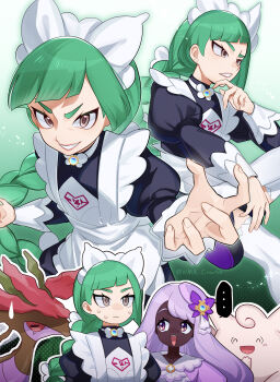 ... 2girls absurdres apron braid braided_ponytail brown_eyes clefable clenched_teeth dark-skinned_female dark_skin dragalge dress gen_1_pokemon gen_6_pokemon highres jacinthe_(pokemon) lebanne_(pokemon) long_hair looking_at_viewer maid maid_apron maid_headdress mega_stone multiple_girls nameko_777 nintendo open_mouth pokemon pokemon_(creature) pokemon_legends:_z-a purple_dress purple_eyes purple_hair speech_bubble spoken_ellipsis sweatdrop teeth triangle_mouth upper_teeth_only