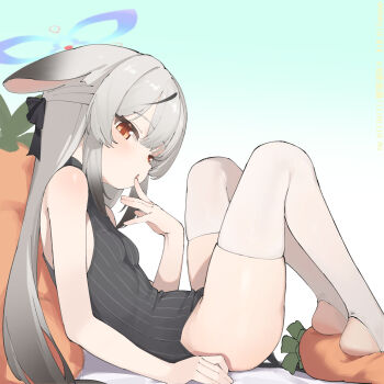 1girl absurdres animal_ears biluoyao black_ribbon blue_archive blue_halo blush breasts carrot-shaped_pillow china_dress chinese_clothes chinese_commentary commentary_request dress finger_to_mouth floppy_ears from_side gradient_background grey_hair hair_ribbon half-closed_eyes halo hand_up highres index_finger_raised knees_up kokona_(blue_archive) loli multicolored_hair open_mouth orange_eyes pelvic_curtain ribbon sidelocks simple_background skindentation sleeveless sleeveless_dress small_breasts solo stirrup_legwear streaked_hair striped_clothes striped_dress stuffed_toy thighhighs thighs tiger_ears tiger_girl toeless_legwear vertical-striped_clothes vertical-striped_dress white_thighhighs