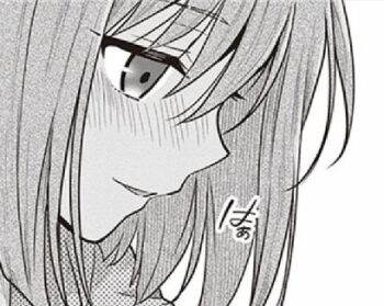 1girl blush greyscale hair_between_eyes half-closed_eyes hara_tsumoi in_heat kono_shima_ni_wa_midara_de_jaaku_na_mono_ga_sumu light_smile lowres monochrome non-web_source nose_blush portrait profile short_hair yoruto_umi