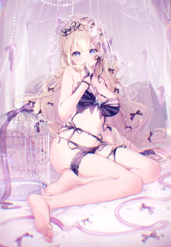 1girl a20_(atsumaru) bare_arms bare_legs bare_shoulders barefoot bedroom blonde_hair blue_eyes bow bra breasts breasts_apart bridal_veil butterfly-shaped_pupils butterfly_hair_ornament cage chromatic_aberration covering_own_mouth earrings frilled_thigh_strap hair_bow hair_ornament hand_up highres jewelry large_breasts light_blush lingerie long_hair looking_at_viewer navel on_bed original panties pearl_earrings pink_ribbon purple_bow purple_bra purple_panties purple_ribbon ribbon see-through_clothes see-through_veil sitting solo sparkle straight_hair symbol-shaped_pupils thigh_strap tiara underwear veil
